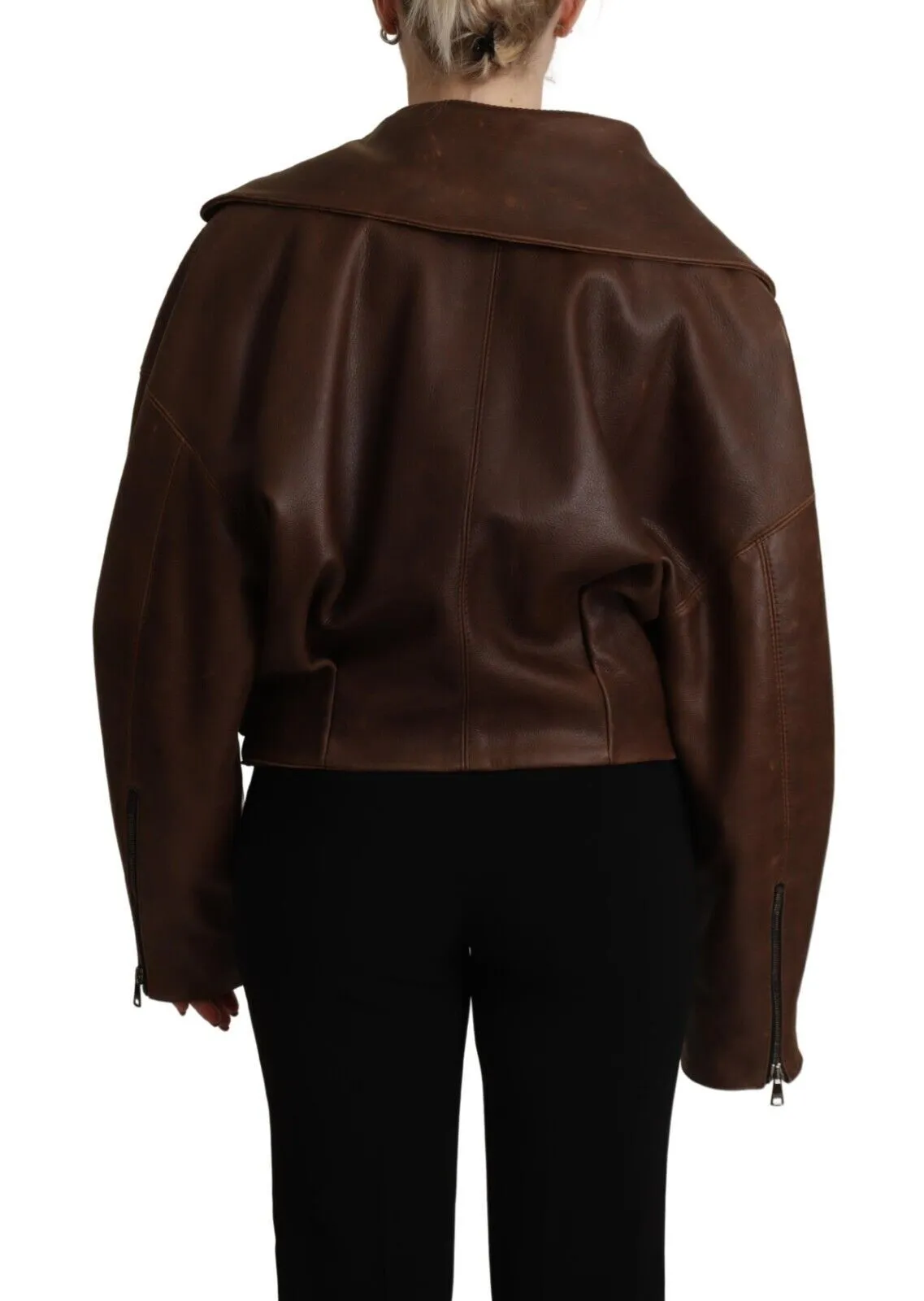 Dolce & Gabbana Women's Brown Bull Leather Collared Biker Coat Jacket