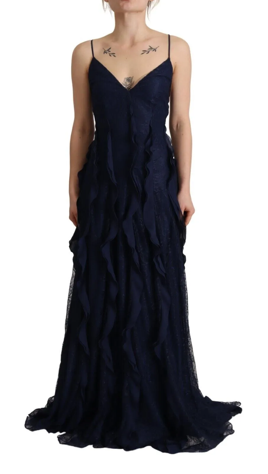 Blumarine Women's Elegant Navy Blue Sweetheart Ruffled Dress