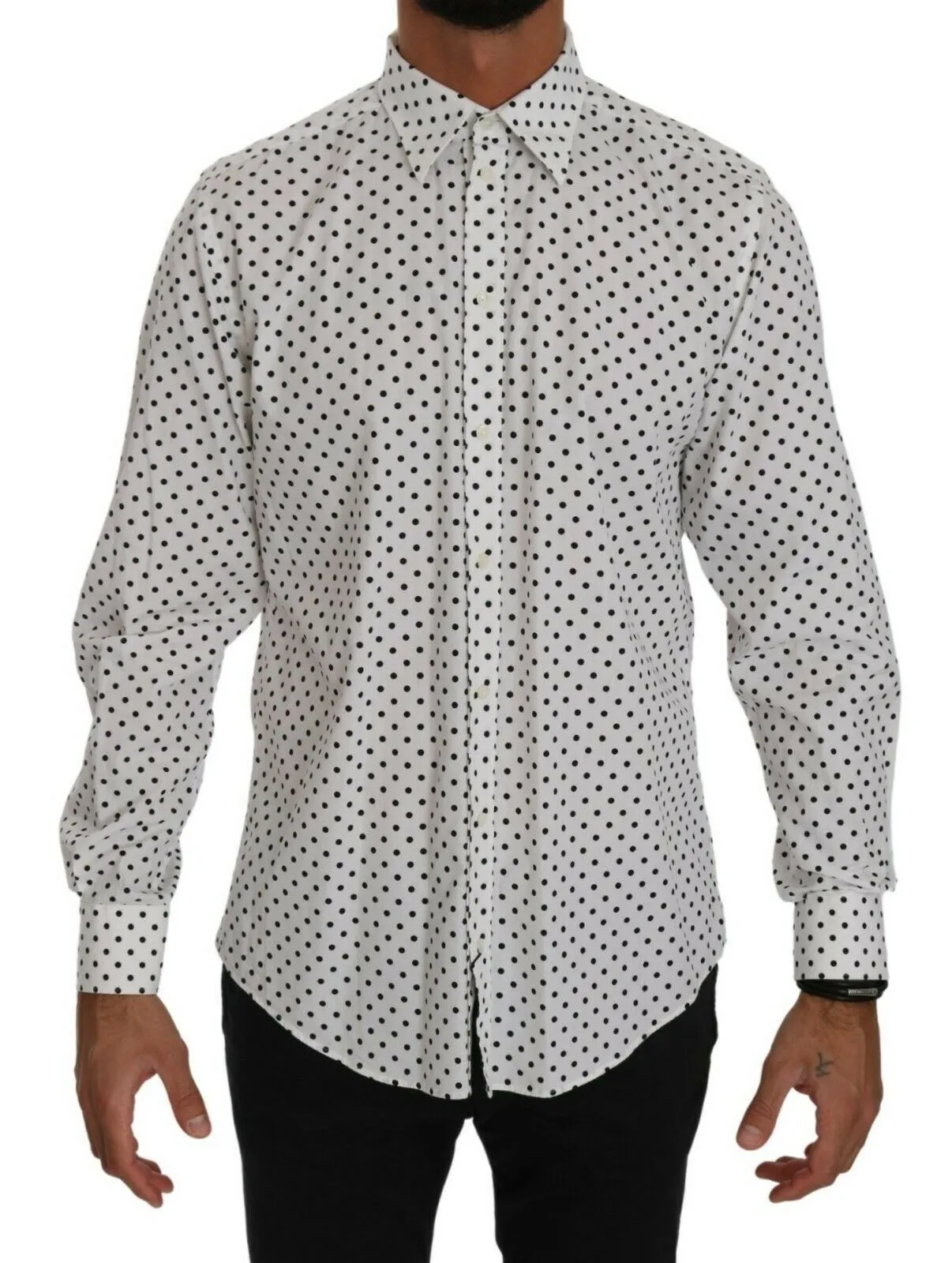 Dolce & Gabbana Men's Elegant White Dotted Martini Dress Shirt