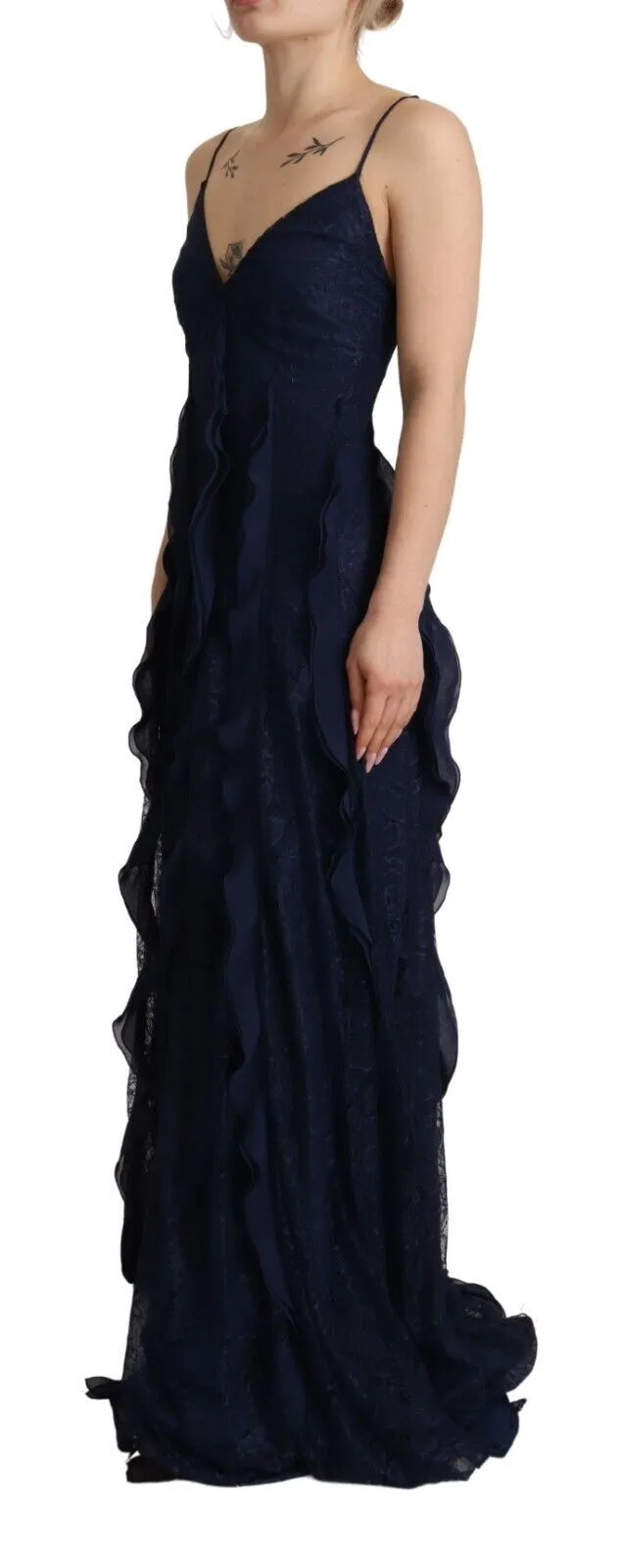 Blumarine Women's Elegant Navy Blue Sweetheart Ruffled Dress