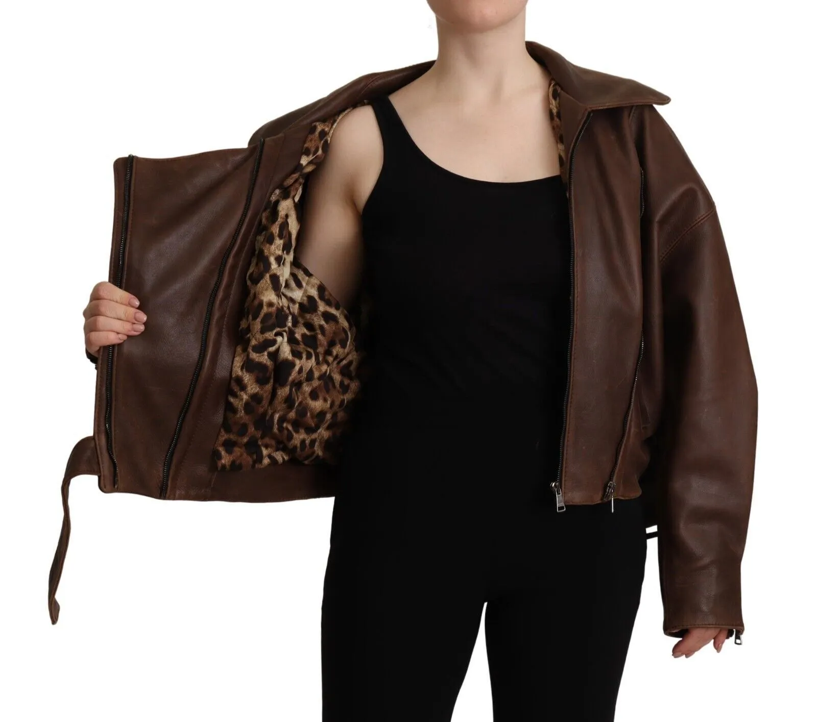 Dolce & Gabbana Women's Brown Bull Leather Collared Biker Coat Jacket