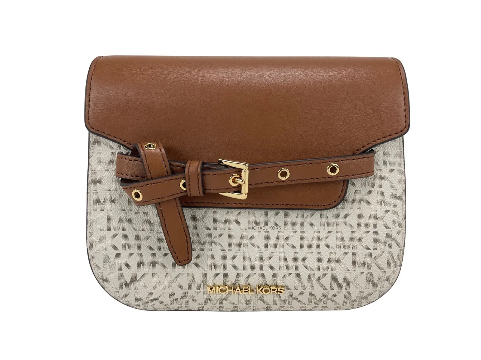 Michael Kors Women's Emilia Small Vanilla Signature PVC Saddle Crossbody Handbag Purse