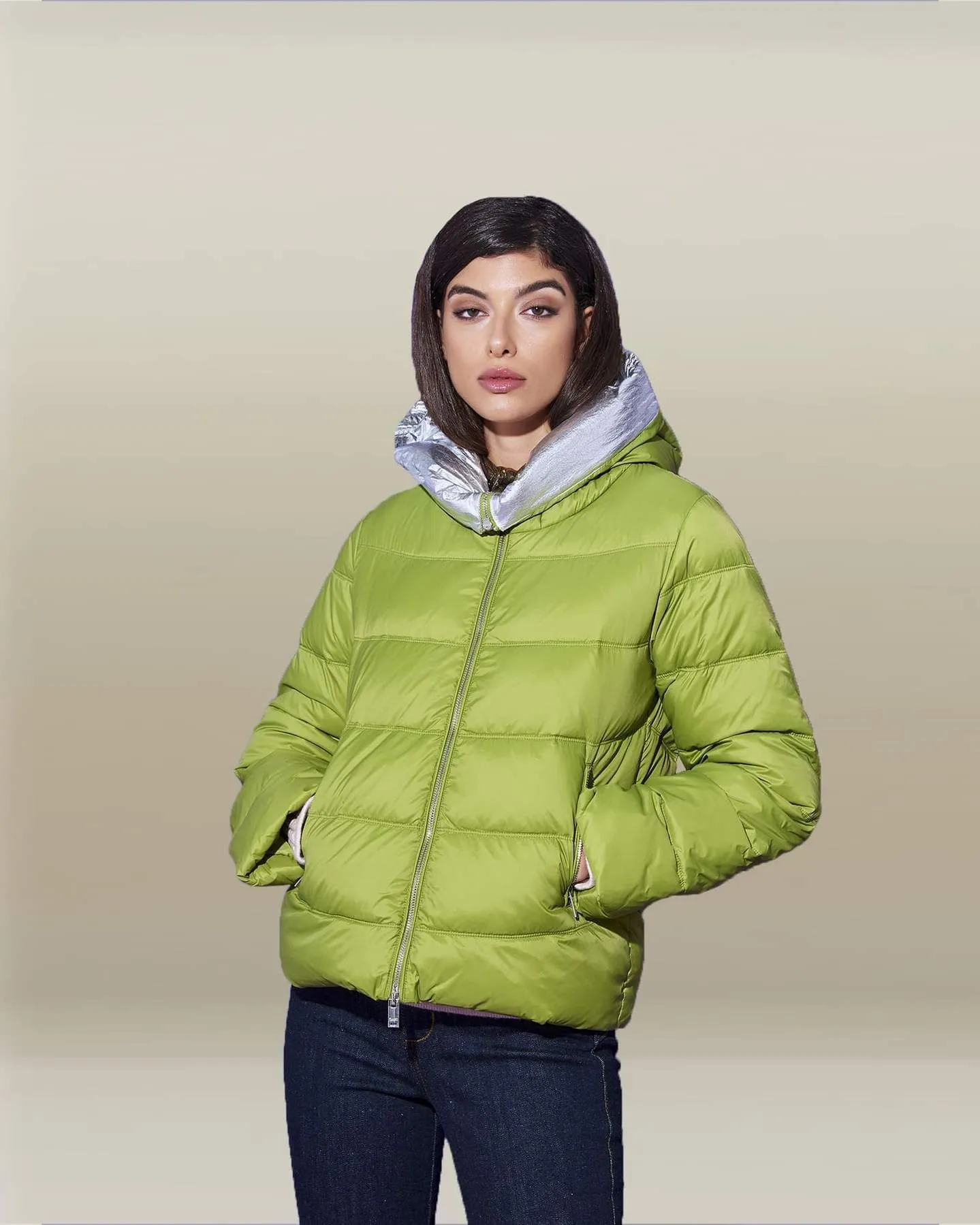 Silvian Heach Women's Chic Olive Green Hooded Down Jacket