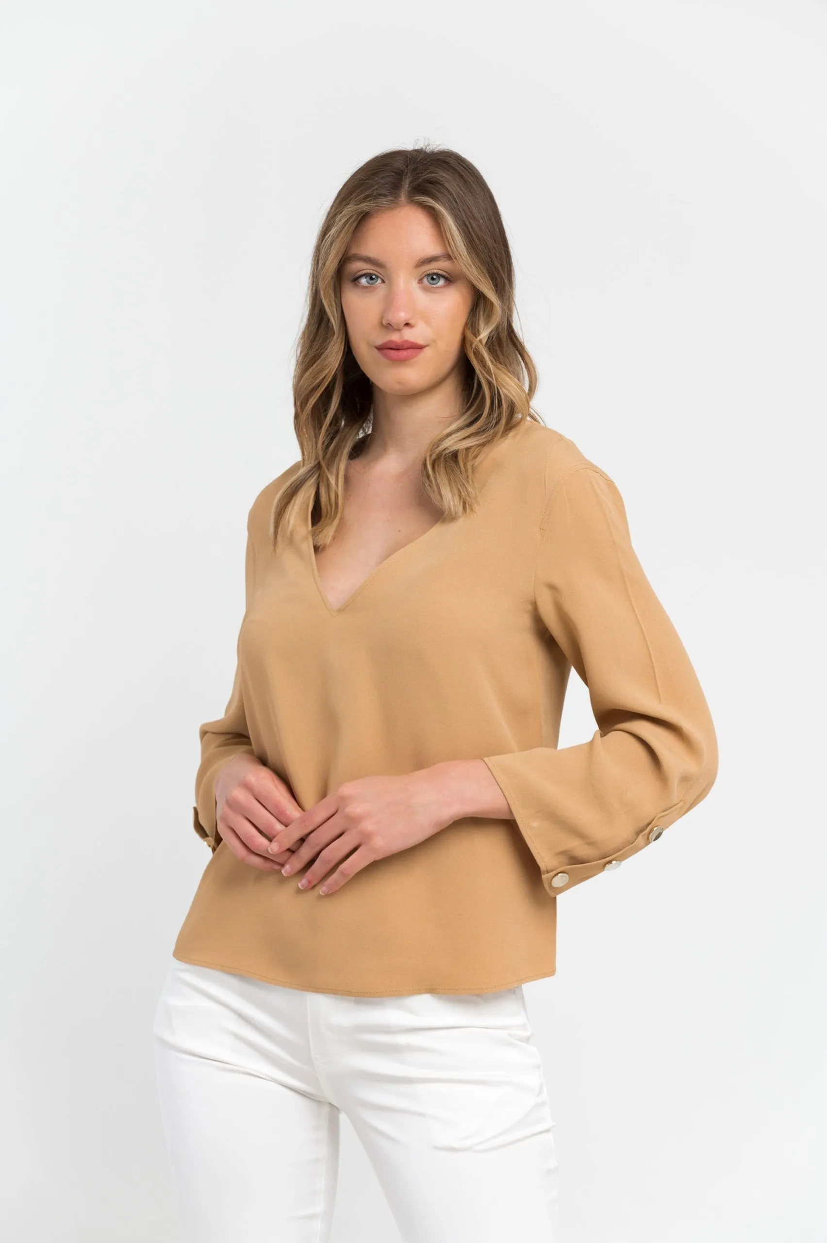 Trussardi Women's Elegant Beige Viscose Blend V-Neck Blouse