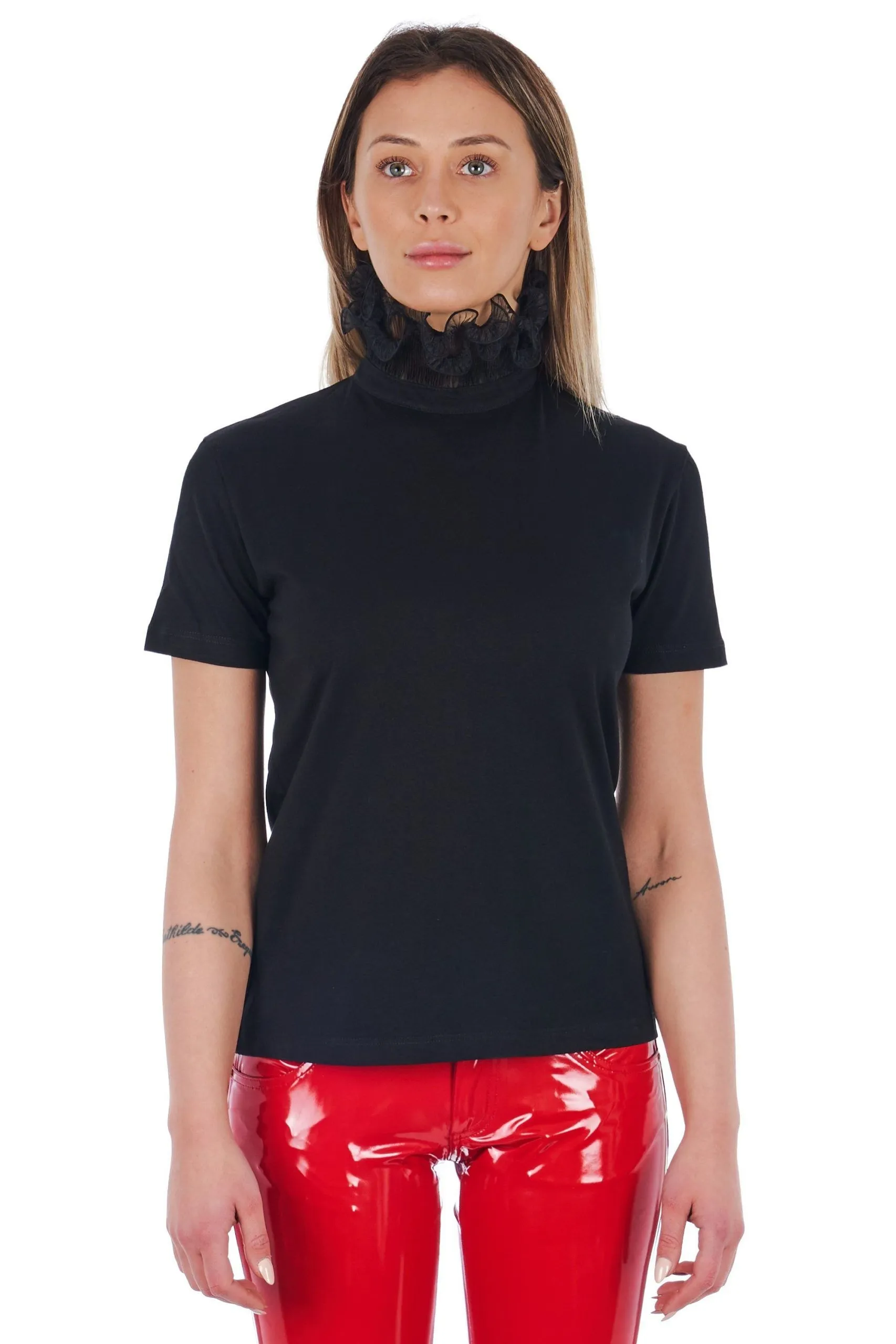 Frankie Morello Women's Elegant High Neck Lace Detail Tee