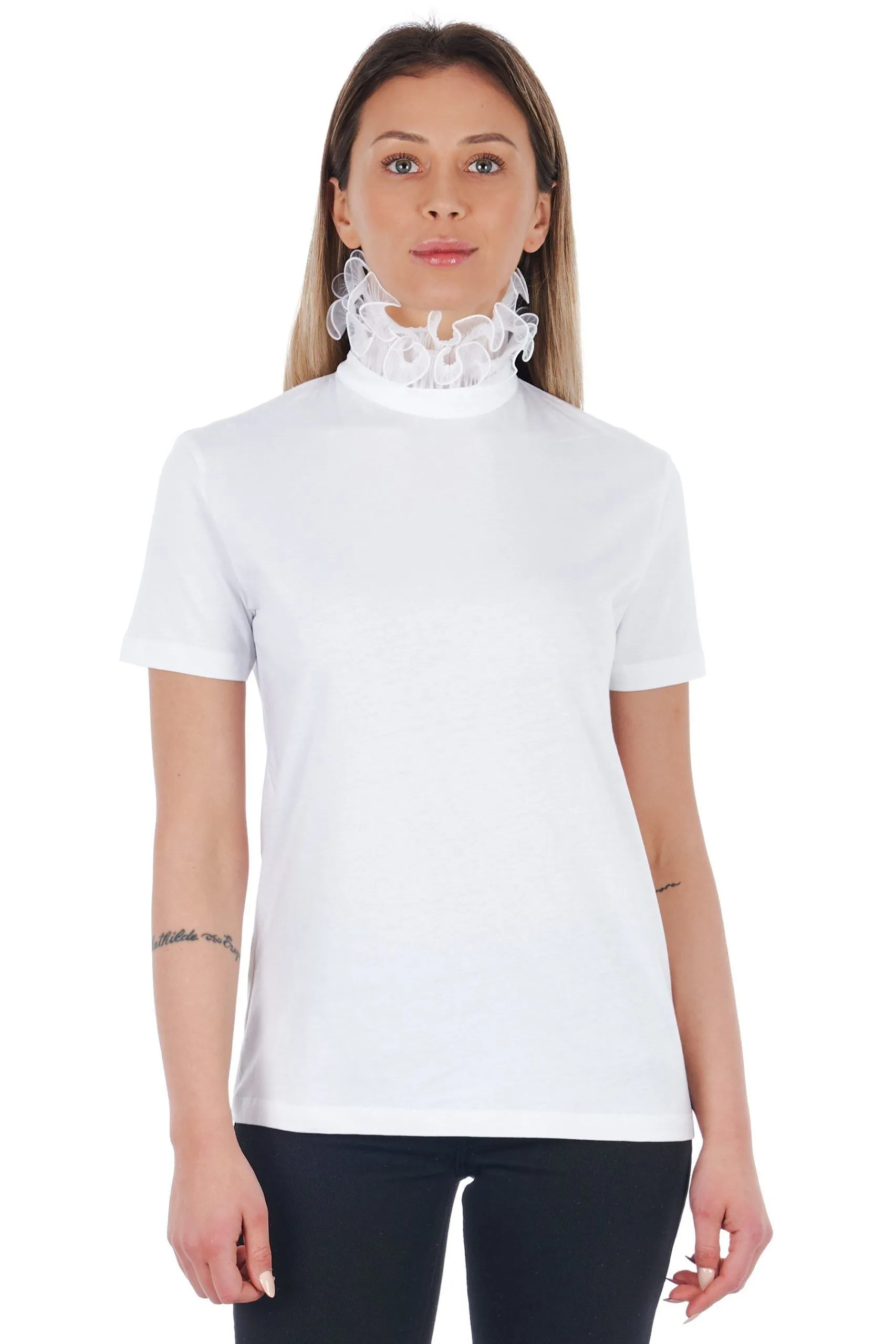 Frankie Morello Women's Elegant Lace-Embellished High Neck Tee