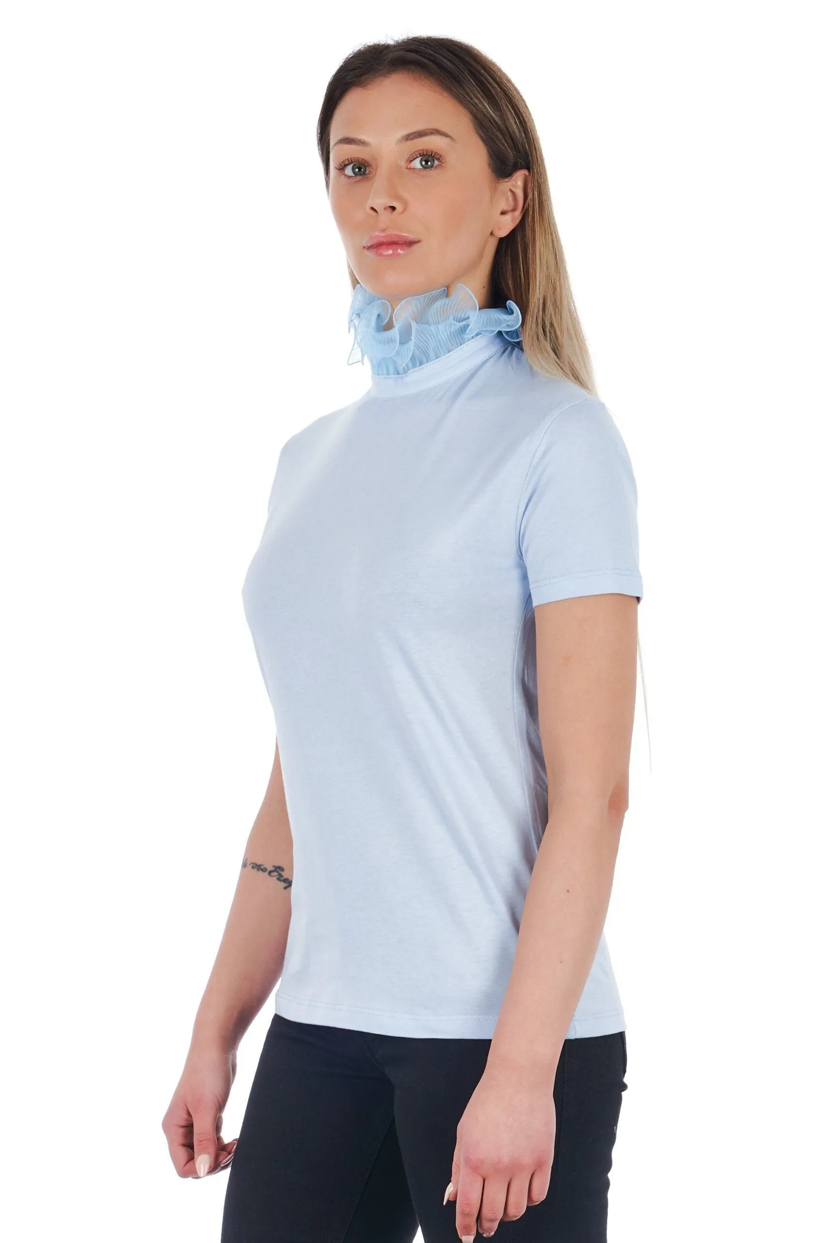 Frankie Morello Women's Elegant High Neck Lace-Trimmed Tee