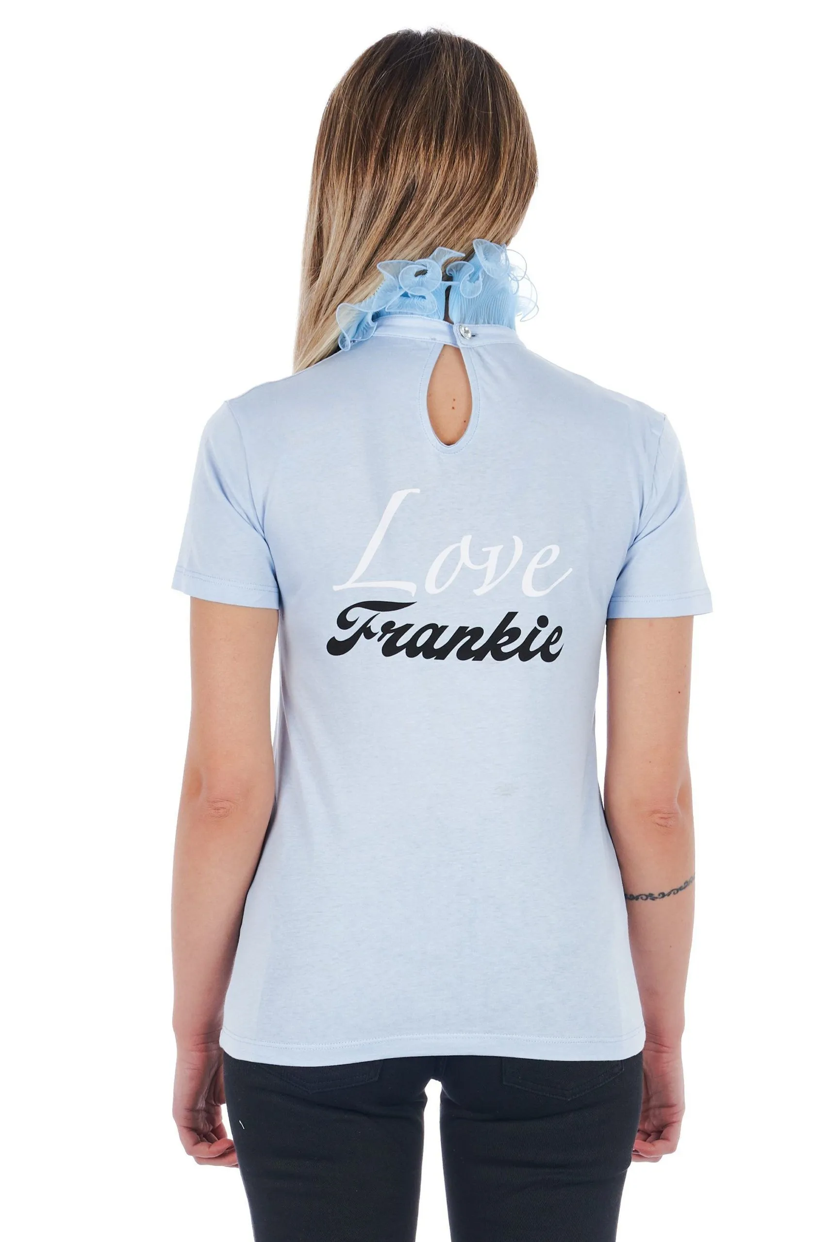 Frankie Morello Women's Elegant High Neck Lace-Trimmed Tee