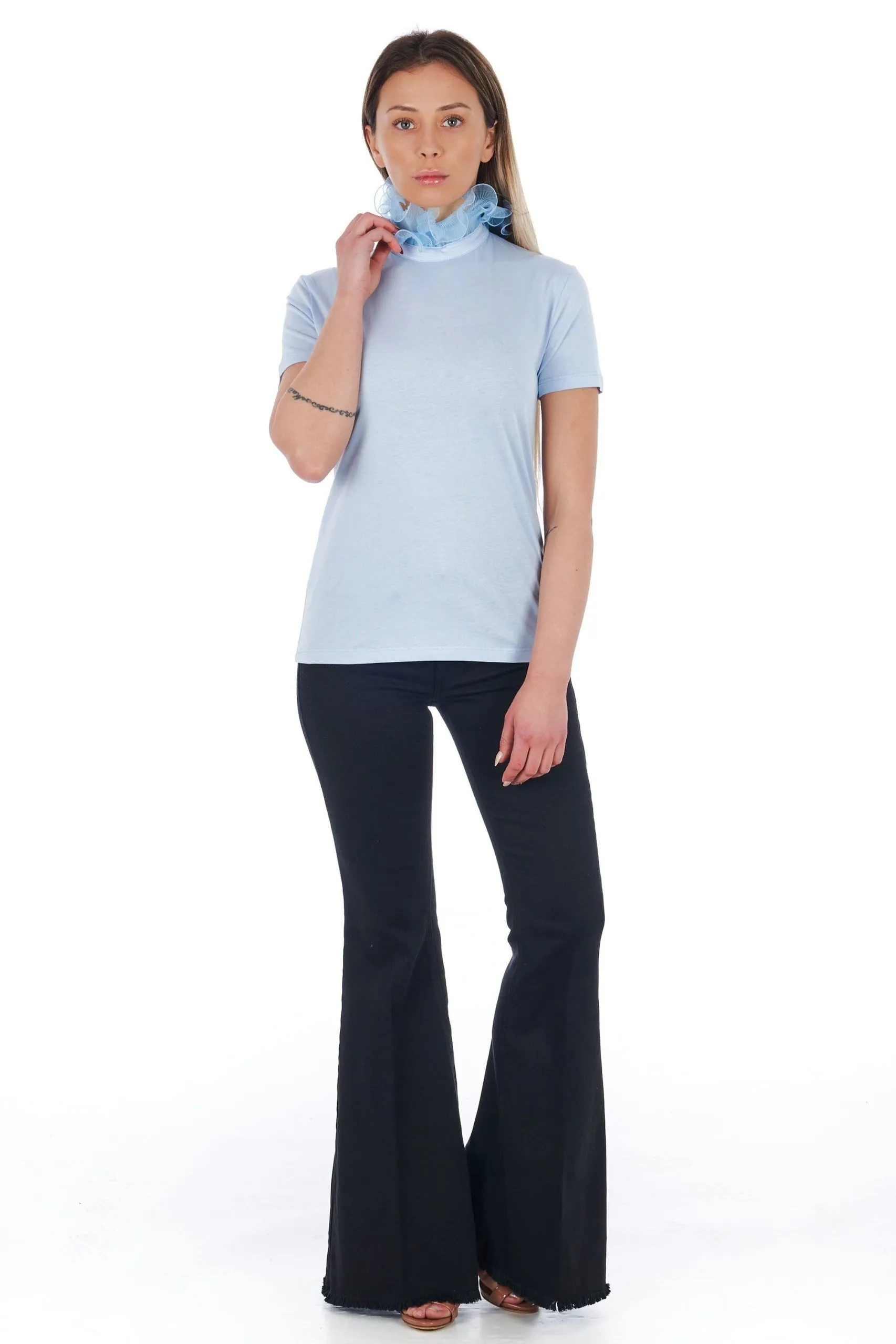 Frankie Morello Women's Elegant High Neck Lace-Trimmed Tee