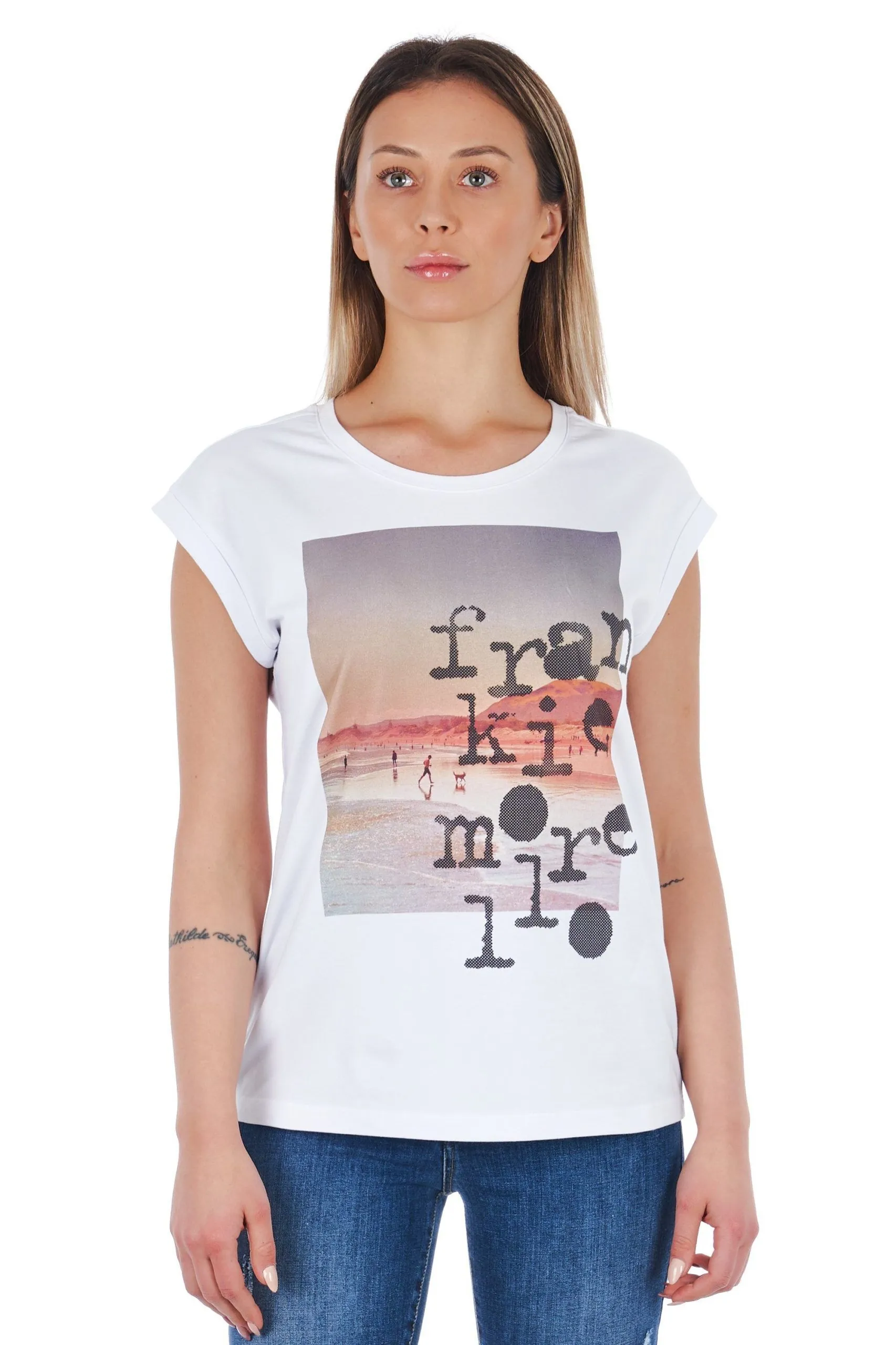 Frankie Morello Women's Chic White Front Print Tee