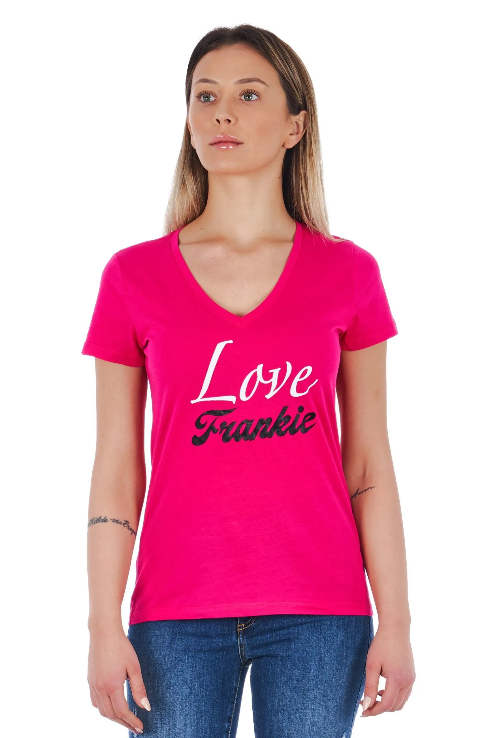 Frankie Morello Women's V-Neck Tee with Chic Front Print