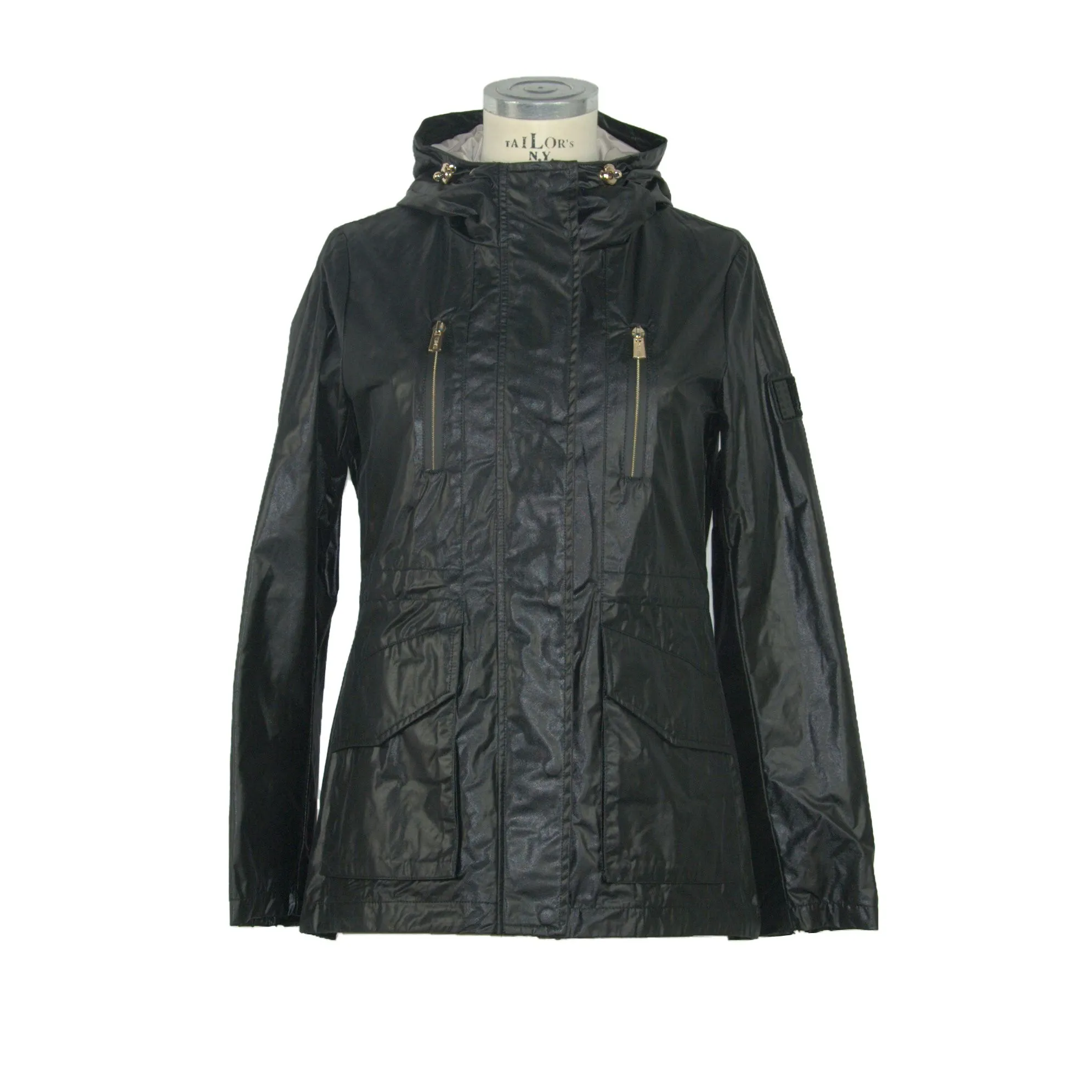 Yes Zee Women's Elegant Hooded Black Jacket with Drawstring Waist