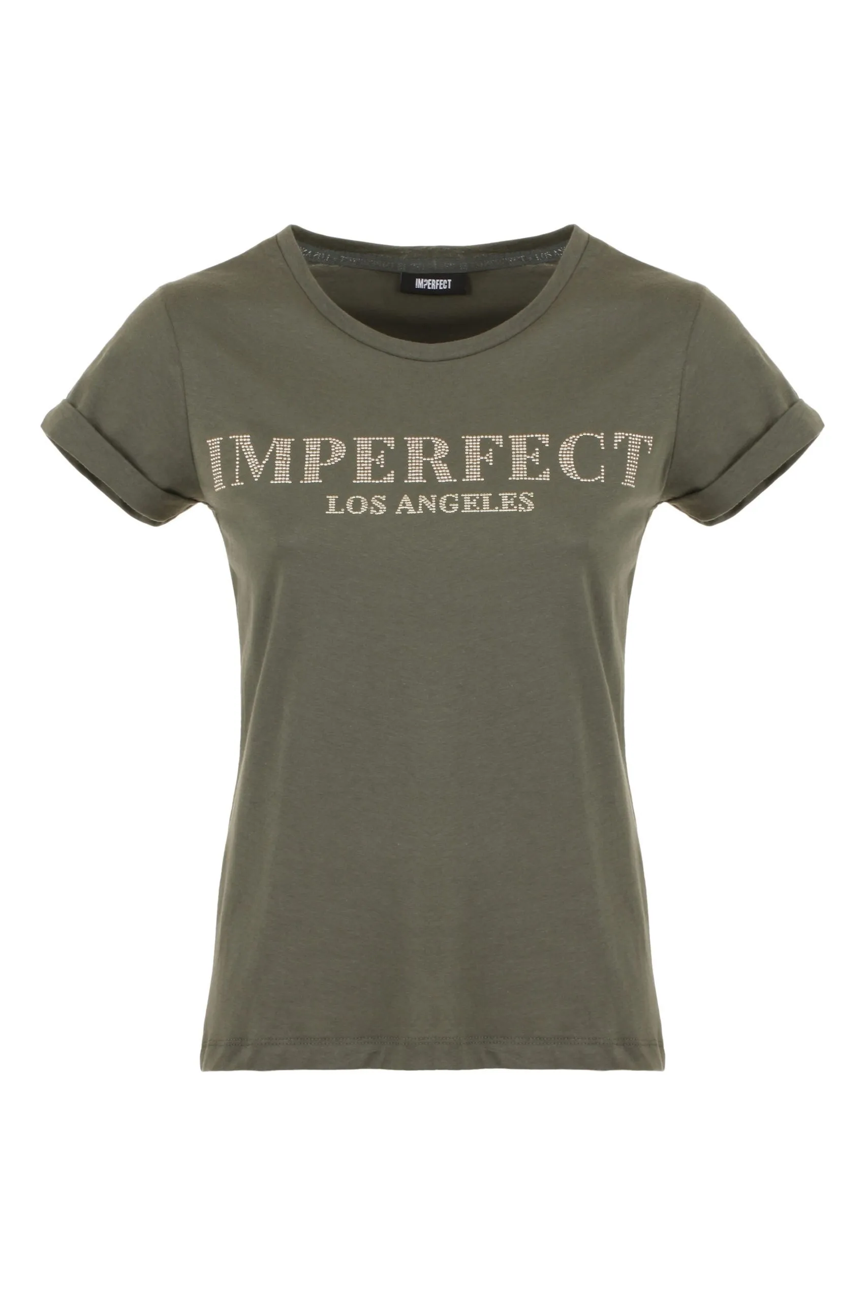 Imperfect Women's Chic Green Cotton Tee with Brass Logo Accent
